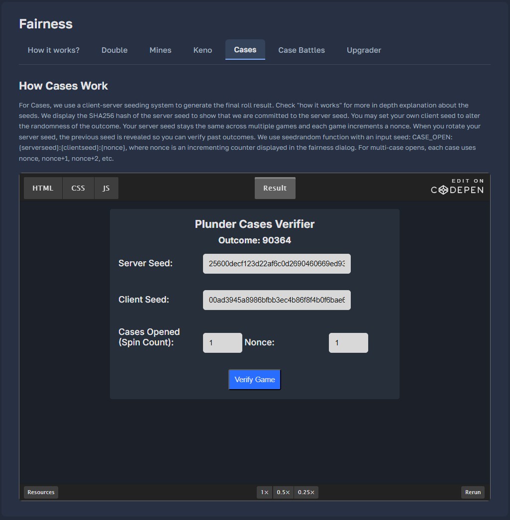 Plunder.gg provably fair game verification system 2026