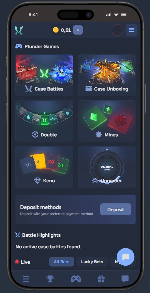 Plunder.gg mobile casino interface on smartphone 2026